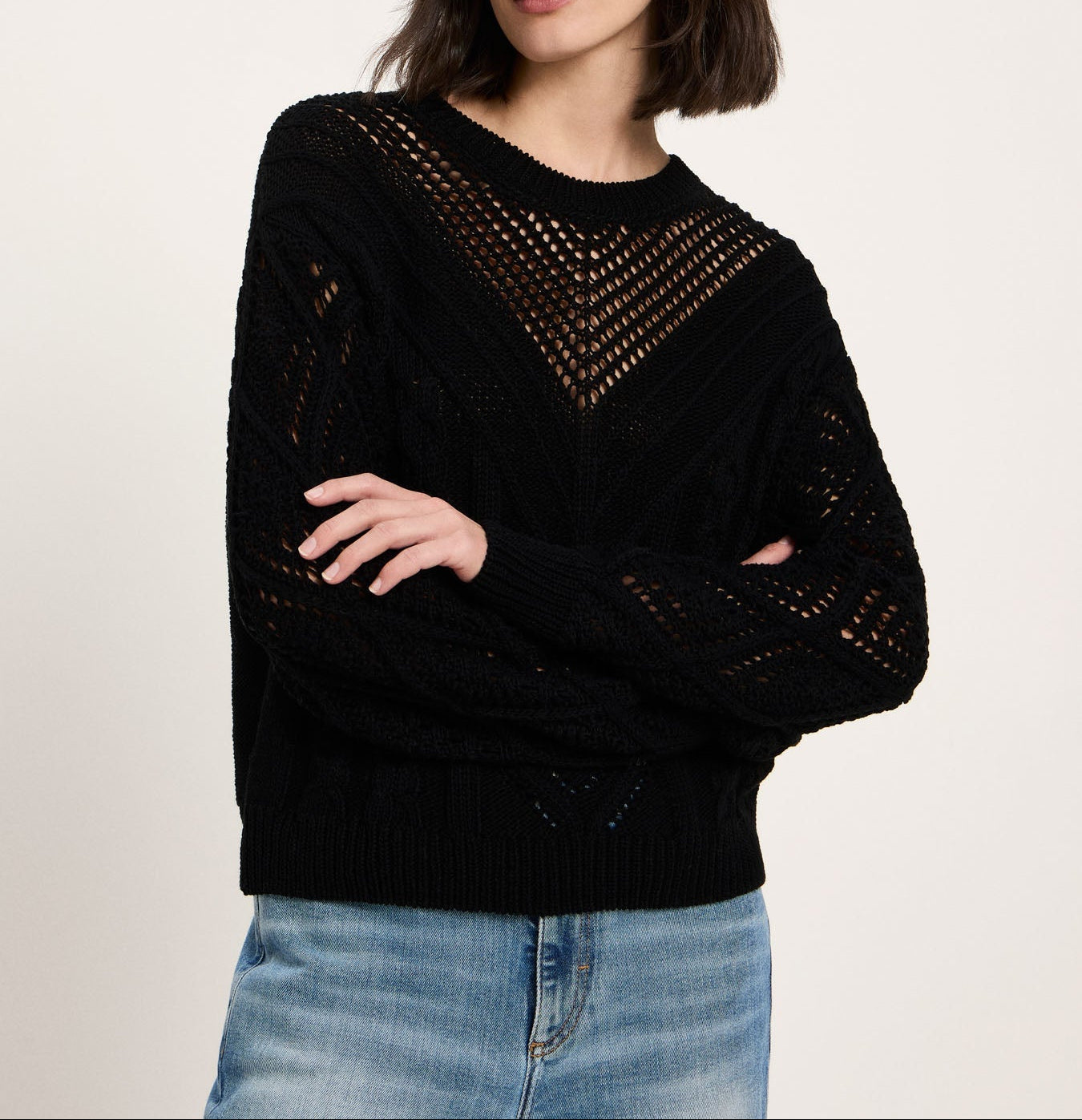 Lochstrick Pullover Bio-Baumwolle GOTS Schwarz