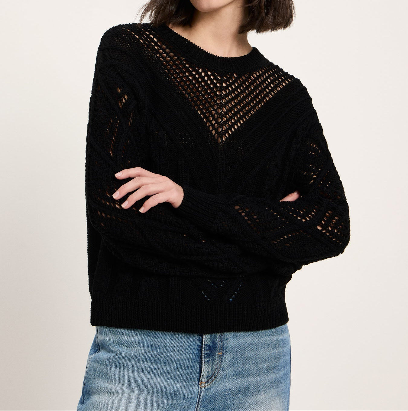 Lochstrick Pullover Bio-Baumwolle GOTS Schwarz
