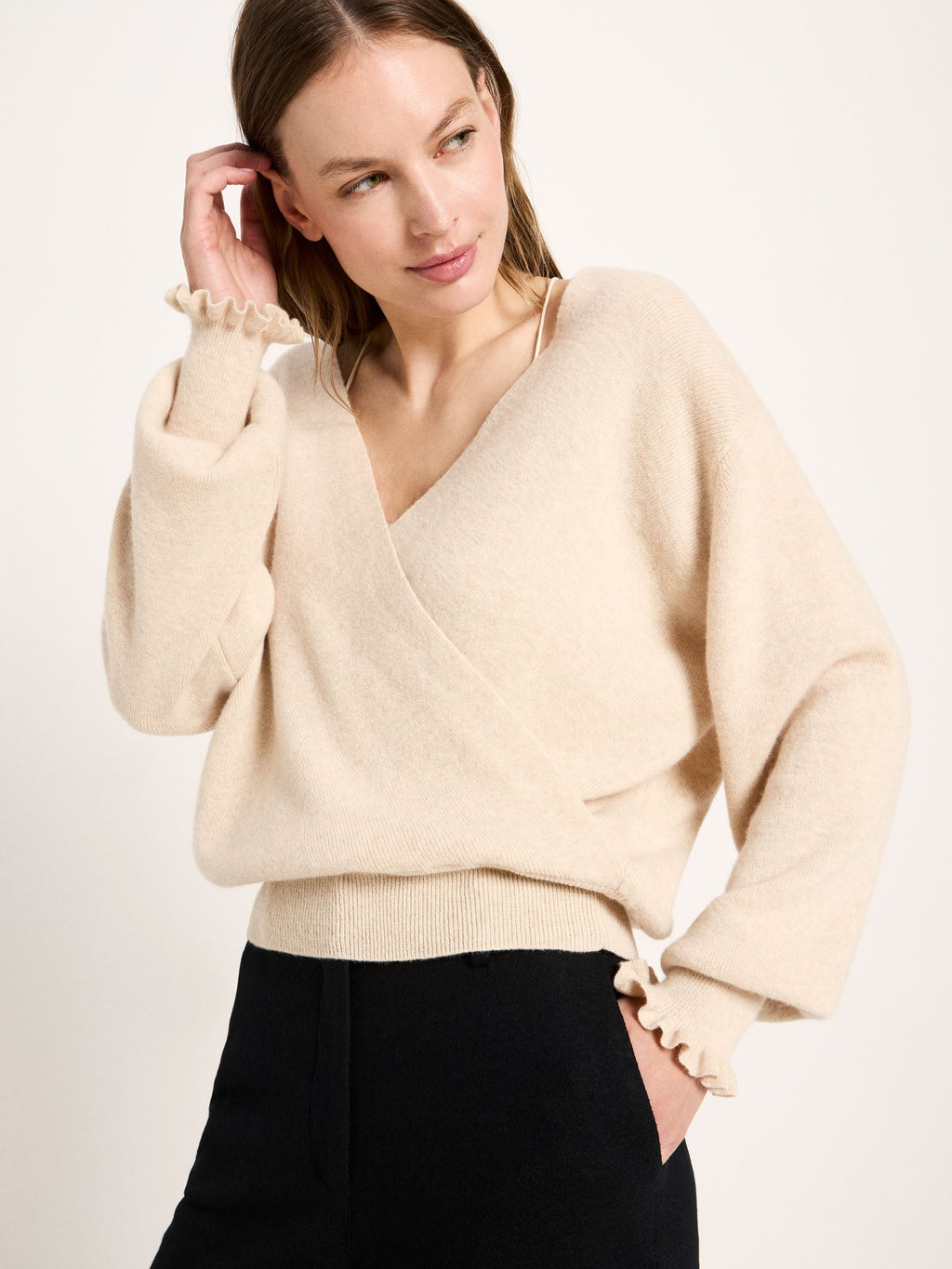 Pullover Wickeloptik Merinowolle Kaschmir Sahara Melange