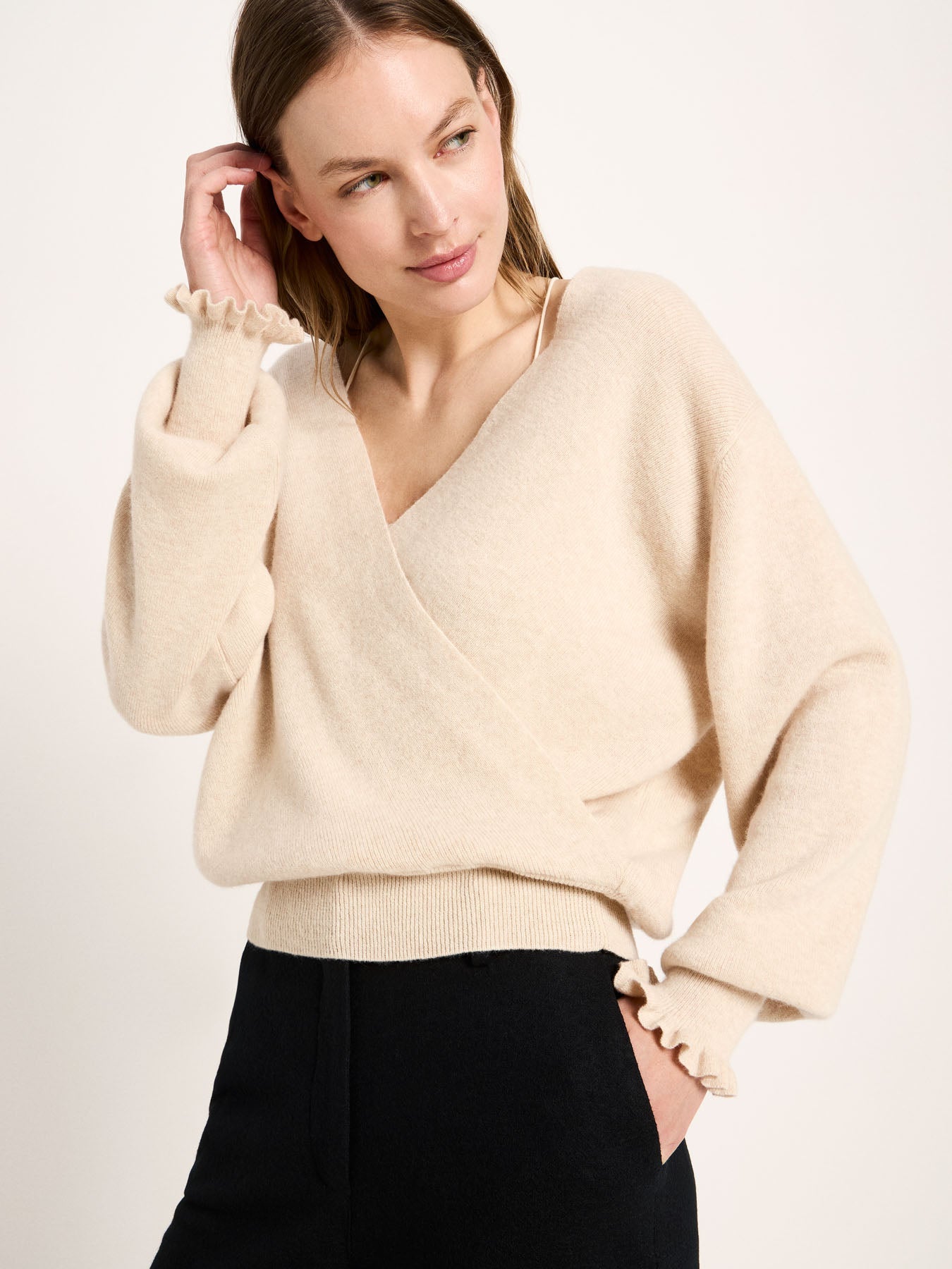 Pullover Wickeloptik Merinowolle Kaschmir Sahara Melange
